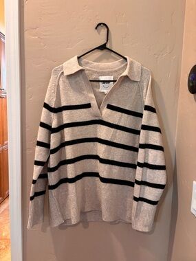 Aerie Beige and Black Striped Collared V-Neck Sweater